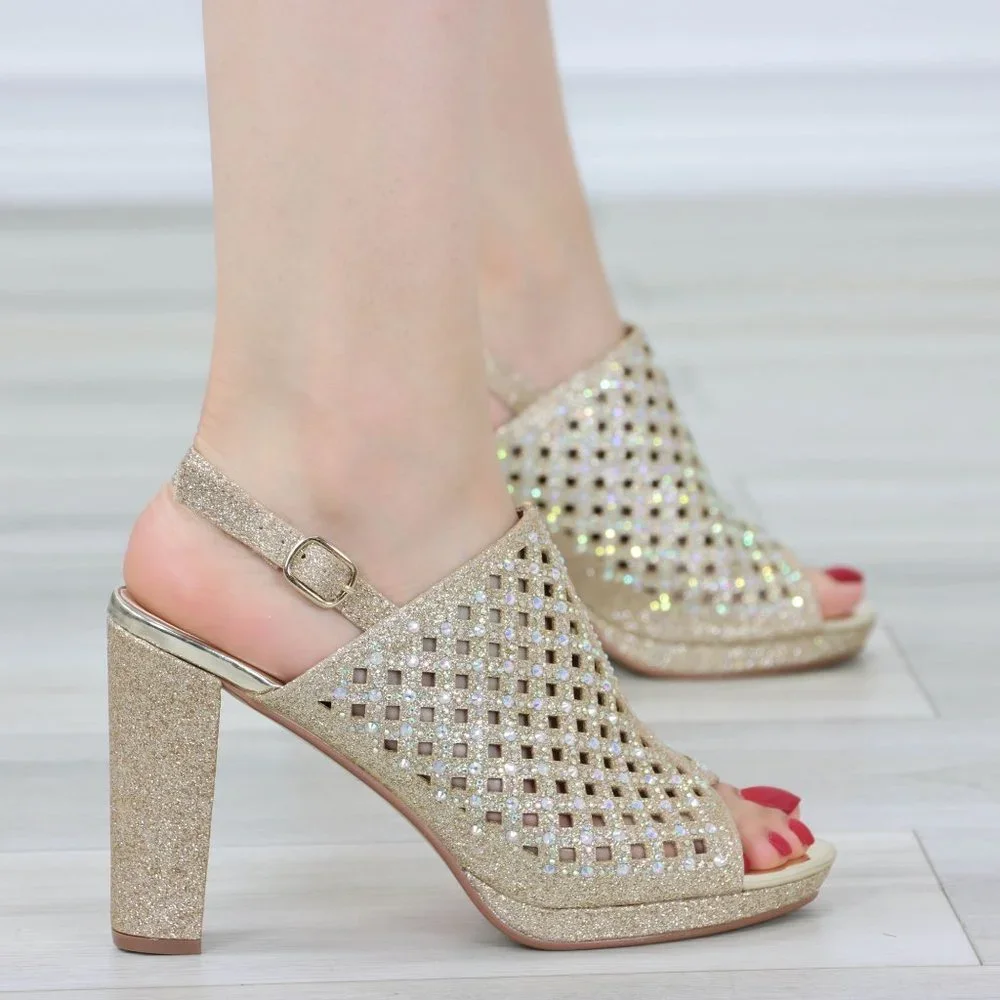 Sparkly Rhinestone Glitter Champagne Platform High Heels Open Toe Party Shoes - Picture 9 of 12